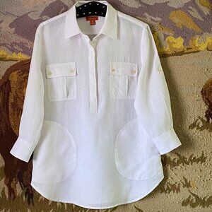 Tommy Bahama Relax Sz S Linen White Womens Popover Tunic Pockets 3/4 Sleeve